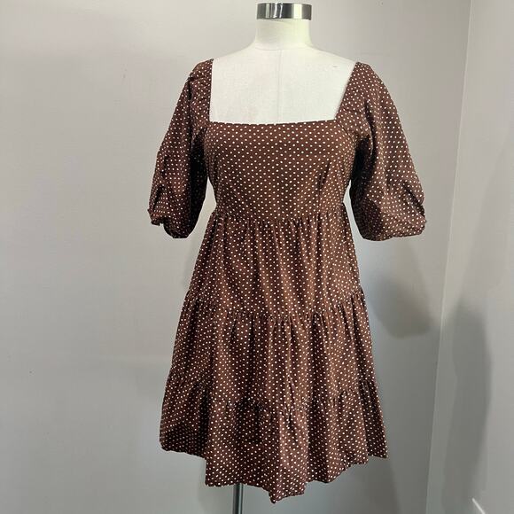 Faithfull the Brand Eryn Mini Dress Brown & White Polka Dot Puff Sleeve Sz 4 - Picture 2 of 12